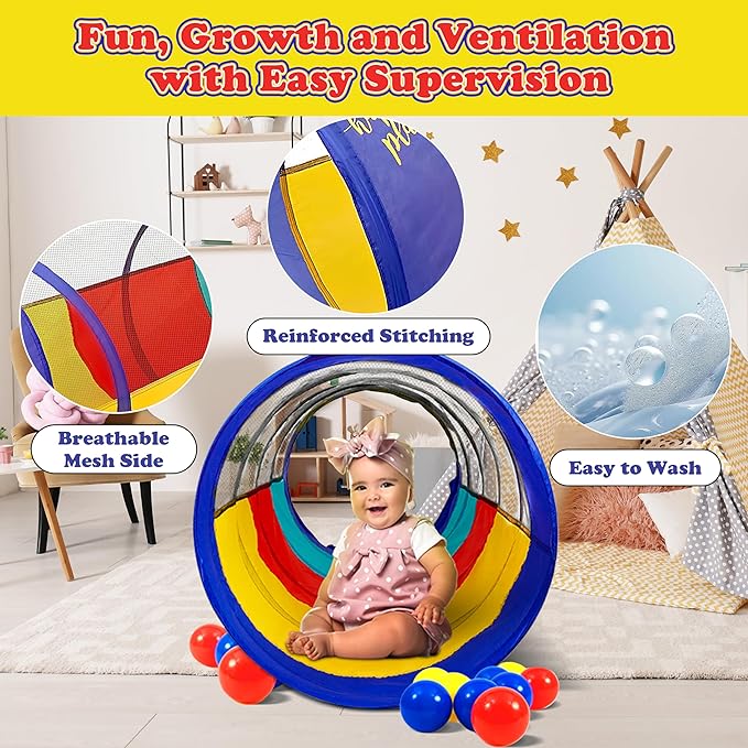 Kiddey Play Tunnel for Kids | Crawl Tunnels with See Through Sides | Outdoor & Indoor Multicolored Tent for Dogs, Toddlers, and Babies | Pop Up Baby Crawling Backyard Tunnel | Balls NOT Included-BubblyBeeBaby