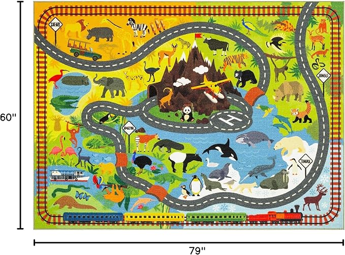 KC Cubs 5x7 Animal Safari Toy Car Road Rug – Educational Play Mat Carpet for Kids, Toddlers, Nursery, Classroom, Playroom, Baby Daycare, Boys & Girls-BubblyBeeBaby