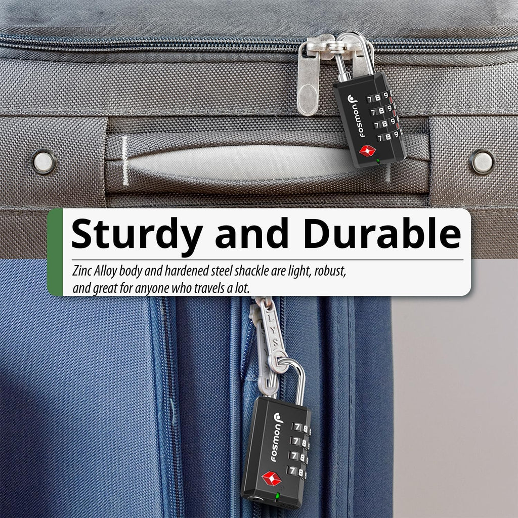 Fosmon TSA Approved Locks for Luggage/Suitcase with Open Alert Indicator (2 Pack), Heavy Duty Gun Safe Lock for Gun Case, 4 Digit Shackle Combination Padlock for Travel, Backpack Zipper, Gym Locker