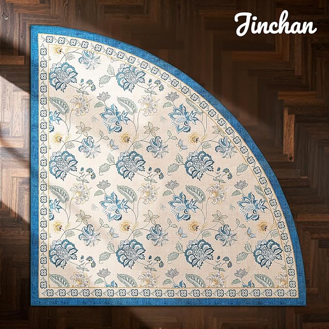 jinchan Floral Corner Rug for Living Room Washable Bedroom Rug Vintage Romance Design Non Slip Quarter Circle Lightweight Low-Pile Throw Carpet for Reading Nook Playroom,7ft Radius, Blue/Beige-BubblyBeeBaby