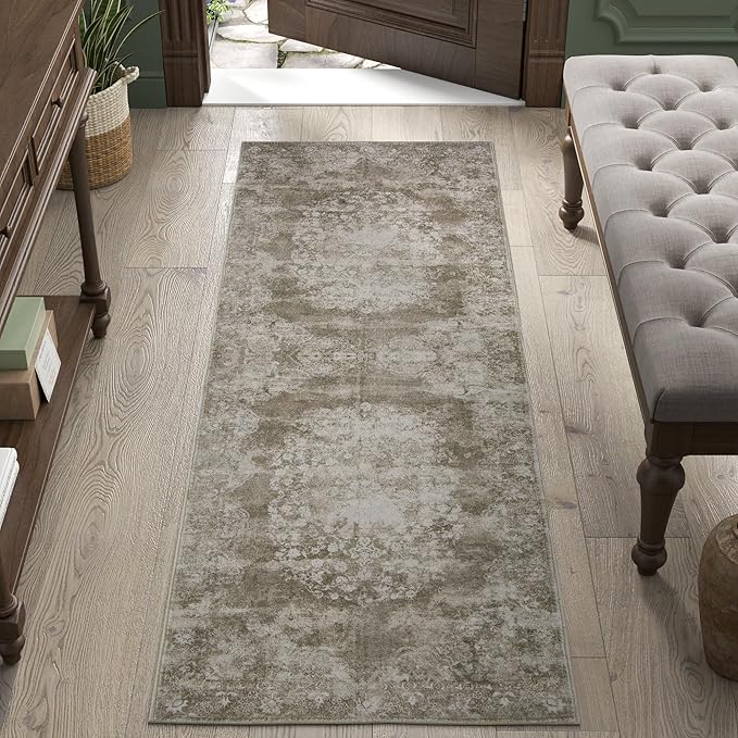 jinchan Vintage Floral Runner Rug 2x5 - Machine Washable Distressed Design Non-Slip Low-Pile Soft Thin Carpet for Hallway Kitchen Farmhouse Bedroom Entryway Laundry Room (2x5ft,Brown)-BubblyBeeBaby