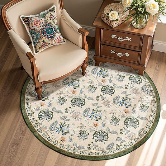 jinchan 4ft Floral Round Rug for Entryway Washable Kitchen Rug Vintage Romance Design Non Slip Indoor Doormat Lightweight Low-Profile Throw Carpet for Living Room Dining Room Bedroom, Green/Beige-BubblyBeeBaby