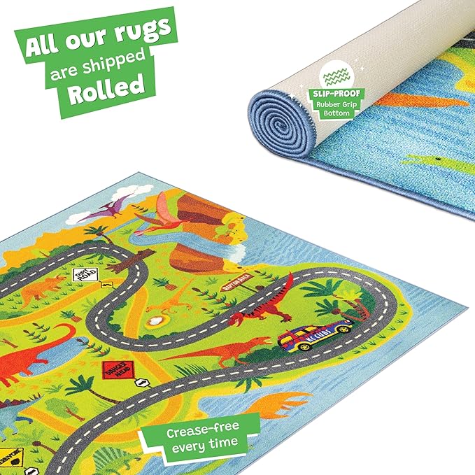 KC Cubs 3x5 Dinosaur Toy Car Dino Road Rug – Educational Play Mat Carpet for Kids, Toddlers, Nursery, Classroom, Playroom, Baby Daycare, Boys & Girls-BubblyBeeBaby