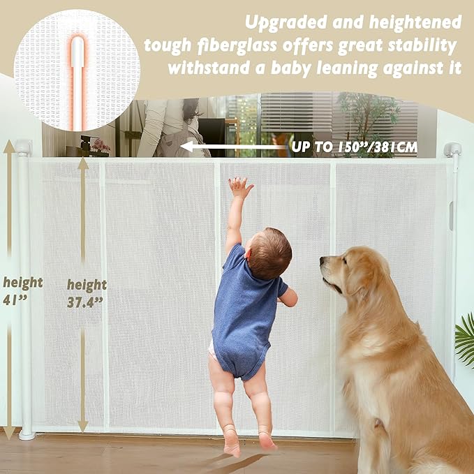 150" Extra Wide Retractable Baby Gates Dog Gate for Large Opening, 41" Extra Tall Mesh Pet Gate, Long Child Safety Gates with Fiberglass Rods for Stairways, Doorways, Hallways - Indoor/Outdoor Use-BubblyBeeBaby