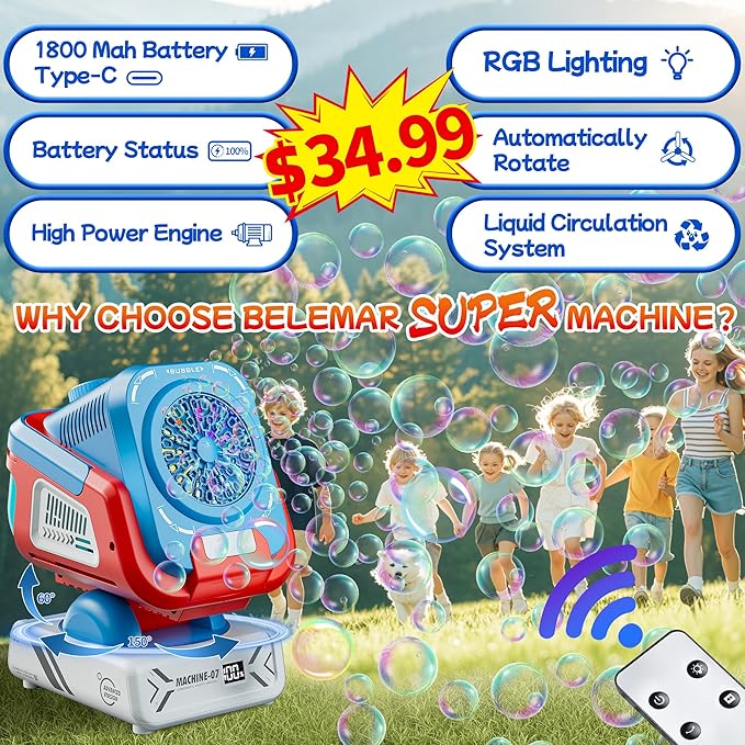2025 Upgraded Bubble Machine with Remote Control, Automatic Rotation & RGB Lights, 1800mAh Rechargeable Battery, Type-C Charge, Bubble Maker for Kids, Weddings, Birthday Parties, Outdoor Activities-BubblyBeeBaby
