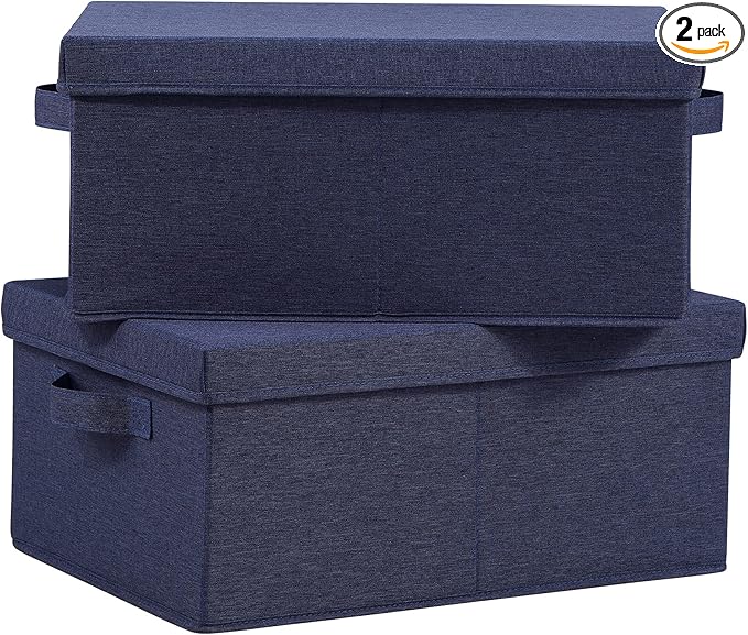 HOONEX Foldable Storage Bins with Lids, Pack of 2, Storage Boxes with 2 Carrying Handles and Heavy Cardboard, 16.5" L x 11.8" W x 7.5" H for Shoes, Clothes, Blue-BubblyBeeBaby