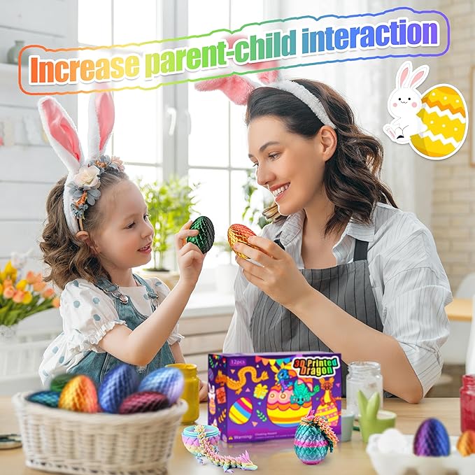 12PCS 3D Printed Dragon Eggs with Dragon Inside, Cool Stuff Fun Gifts, Mini Dragon Egg Set Articulated Crystal Dragon Fidget Toy for Adults Teens Boy Gifts Easter Basket Stuffers-BubblyBeeBaby