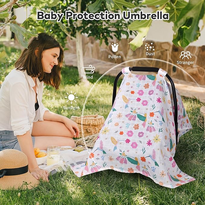 Rquite Muslin Car Seat Cover Baby, Carseat Covers Baby Girl Boy, Breathable Lightweight Infant Car Seat Cover, Baby Carrier Cover Car Seat Canopy Stroller Sun Shade for Summer & Hot Day, Universal Fit-BubblyBeeBaby
