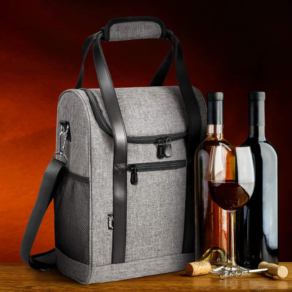 Tirrinia 6 Bottle Wine Cooler Bag - Insulated & Padded Versatile Wine Gift Carrier Tote Bag for Travel, BYOB Restaurant, Wine Tasting, Party, Best Gift for Wine Lover, Grey