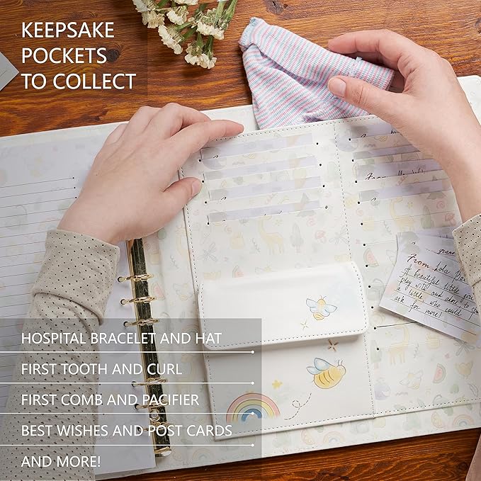 Keepsake Baby Memory Book Girl Boy – Timeless Leather-Bound Baby Milestone Book – Baby Book Keepsake Record First 5 Years – Gender Neutral Baby Scrapbook Album Baby Album Journal Registry Search Gift-BubblyBeeBaby