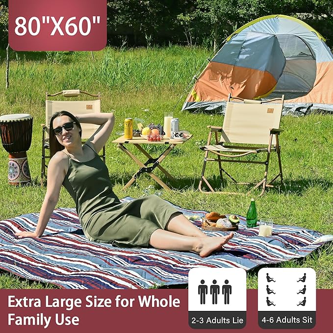 HX&OD Outdoor Picnic Blanket Extra Large, 80''*60'' Waterproof Picnic Mat with Stakes Foldable Camping Blanket Portable with Carry Strap for Beach Mat (Green& White, 80''*60'')-BubblyBeeBaby