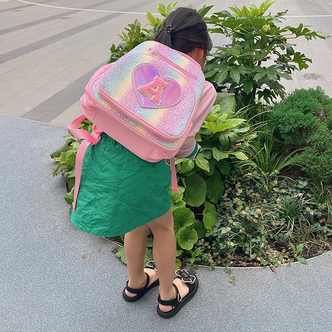 I IHAYNER Kids Glitter Lightweight Backpack for School Travel & Daycare, Toddler Backpack for Girls 3+ Preschool Kindergarten Elementary Kids Backpack-Rainbow Pink M-BubblyBeeBaby