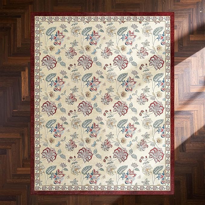 jinchan 8x10 Floral Rug for Living Room Washable Bedroom Rug Vintage Romance Design Non Slip Thin Indoor Floor Cover Large Low-Profile Throw Carpet for Dining Room Office, Red/Beige-BubblyBeeBaby