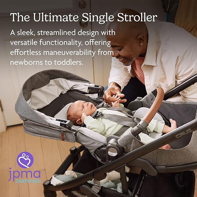 UPPAbaby Cruz V3 Stroller - from Birth + Car Seat Compatible - Full-Size, Reversible Seat - Infant Insert, Bug and Rain Shields Included - Savannah (Pearl Gray Jacquard/Carbon Frame/Chestnut Leather)-BubblyBeeBaby