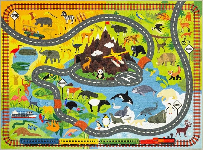 KC Cubs 3x5 Animal Safari Toy Car Road Rug – Educational Play Mat Carpet for Kids, Toddlers, Nursery, Classroom, Playroom, Baby Daycare, Boys & Girls-BubblyBeeBaby