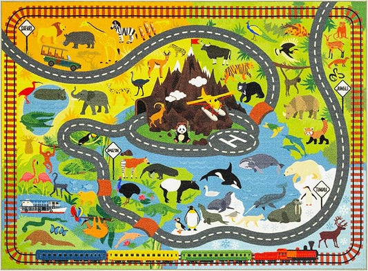 KC Cubs 3x5 Animal Safari Toy Car Road Rug – Educational Play Mat Carpet for Kids, Toddlers, Nursery, Classroom, Playroom, Baby Daycare, Boys & Girls-BubblyBeeBaby