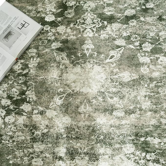 jinchan Round Rug 4ft Area Rug - Green Vintage Floor Mat Kitchen Indoor - Washable Circle 4' Thin Floral Print Carpet Retro Farmhouse Non Slip Dining Room Living Room Bedroom Office-BubblyBeeBaby