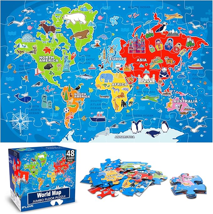 Jumbo Floor Puzzle for Kids,World Map Jigsaw Geography Puzzles,48 Piece Globe Atlas Puzzle with Continents,United States Puzzle for Ages 3-5,Preschool Learning Toys Gift for 4-8 Years Old-BubblyBeeBaby