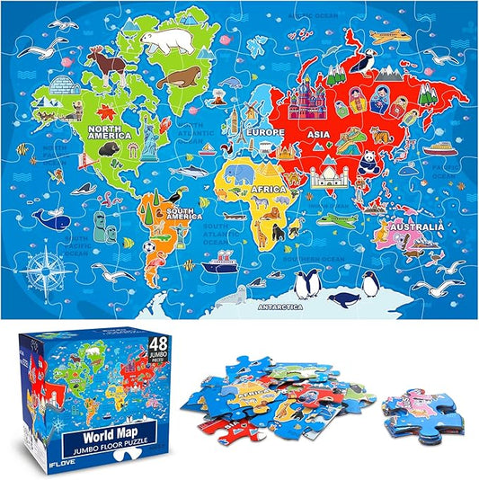 Jumbo Floor Puzzle for Kids,World Map Jigsaw Geography Puzzles,48 Piece Globe Atlas Puzzle with Continents,United States Puzzle for Ages 3-5,Preschool Learning Toys Gift for 4-8 Years Old-BubblyBeeBaby