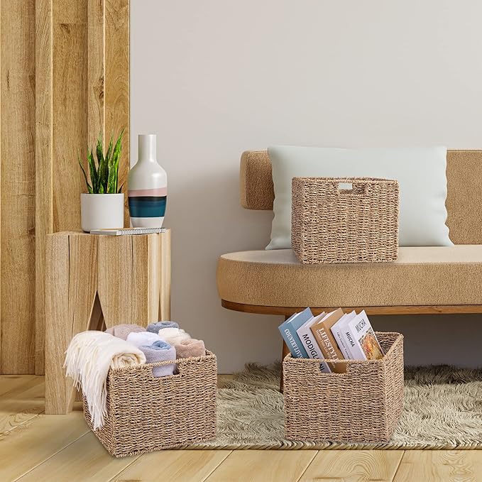 12x12x10in Seagrass Storage Baskets Set of 4, Large Wicker Storage Basket, Decorative Seagrass Shelf Basket, Pantry Baskets Organization,Folding Storage Cube Bins-BubblyBeeBaby