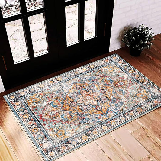 2'x3' Washable Area Rug Door Mat Vintage Doormat Indoor Entrance Traditional Thin Floral Print Non Slip Carpet for Kitchen Bathroom Bedroom Living Room-BubblyBeeBaby