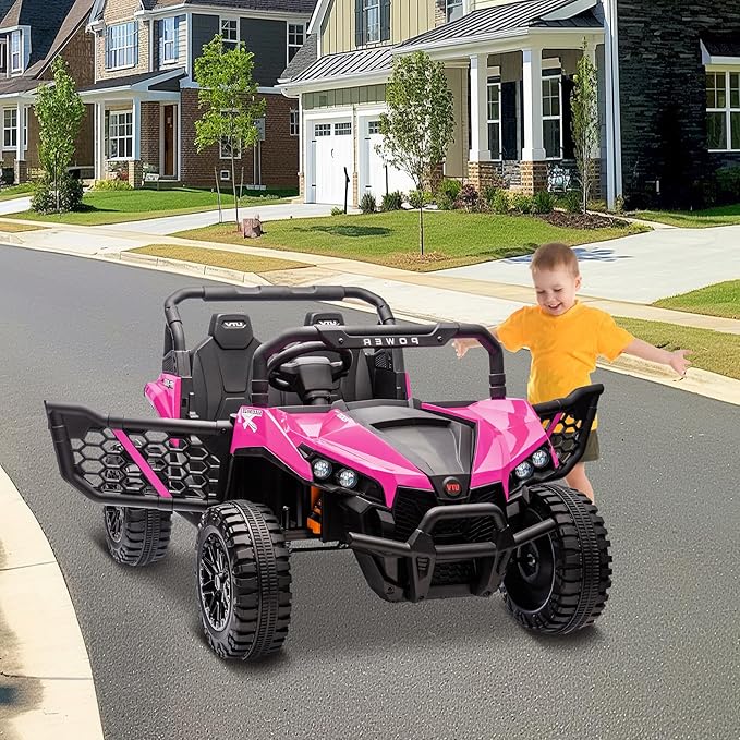 24V 2 Seater Ride On Car Truck, Power Wheels Kids UTV w/Parent Remote Control, 3.1 MPH Max Speed, Music Player, LED Lights & Storage, Electric Vehicle Ride On Toy for Kids Toddler Ages 3-8, Pink-BubblyBeeBaby