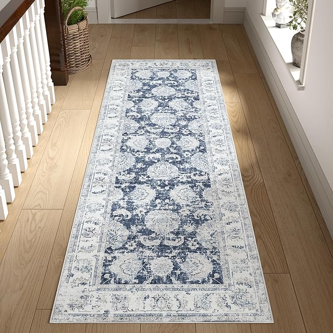 jinchan Runner Rug 2x6 Washable Hallway Runner - Vintage Floral Non Slip Low-Pile Soft Thin Kitchen Rug Distressed Carpet for Farmhouse Bedroom Entryway Laundry Room(2x6ft,Dark Blue)-BubblyBeeBaby