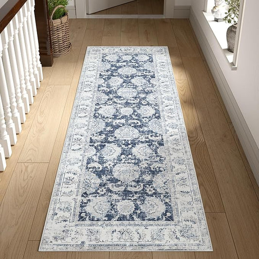jinchan Runner Rug 2x6 Washable Hallway Runner - Vintage Floral Non Slip Low-Pile Soft Thin Kitchen Rug Distressed Carpet for Farmhouse Bedroom Entryway Laundry Room(2x6ft,Dark Blue)-BubblyBeeBaby