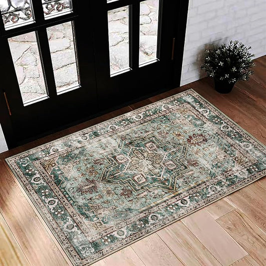 2'x3' Area Rug Washable Door Mat Vintage Doormat Indoor Entrance Traditional Thin Floral Print Non Slip Carpet for Kitchen Bathroom Bedroom Living Room-BubblyBeeBaby