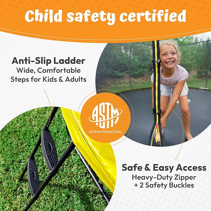 JUMPZYLLA Trampoline Outdoor 8FT 10FT 12FT 14FT 15FT 16FT with Enclosure and Ladder, ASTM Approved Recreational Trampoline for Kids and Adults, Anti-Rust Coated Frame-BubblyBeeBaby