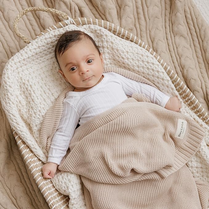 Heritage Knit Organic Cotton Baby Blanket - Soft Warm Cozy Unisex Receiving Cuddle Stroller Crib Beige Blanket for Newborns, Infants Toddler, Boys and Girls (Oatmeal, 0-2 Years)-BubblyBeeBaby