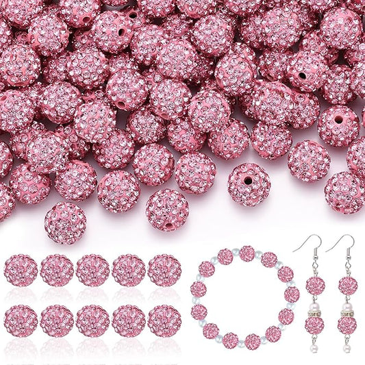 160pcs 10mm Rhinestone Beads for Jewelry Making, Pink Shiny Round Disco Ball Beads Bulk, Sparkle Crystal Clay Christmas for Bracelet Baseball Necklace Earring Crafting and DIY-BubblyBeeBaby