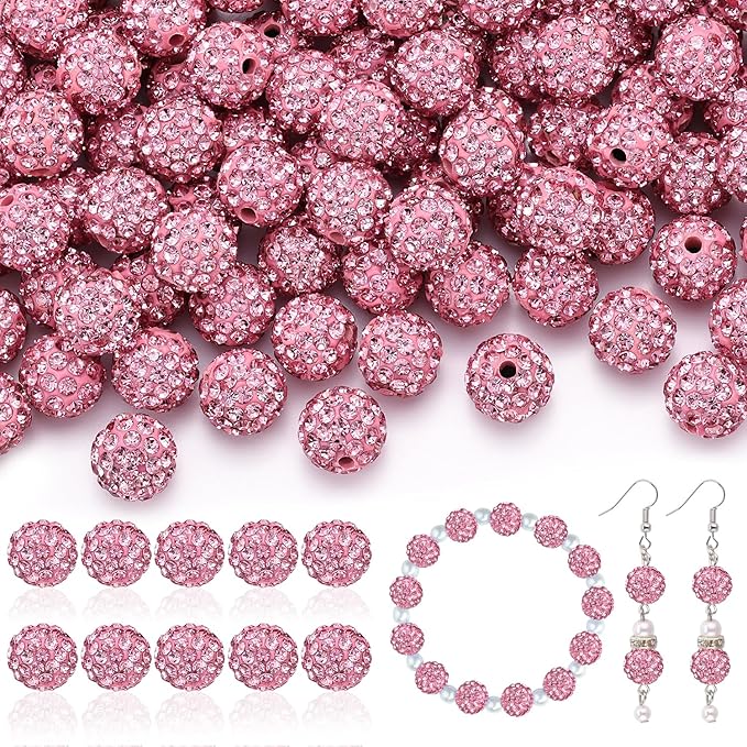 200pcs 10mm Rhinestone Beads for Jewelry Making, Pink Shiny Round Disco Ball Beads Bulk, Sparkle Crystal Clay Christmas for Bracelet Baseball Necklace Earring Crafting and DIY-BubblyBeeBaby