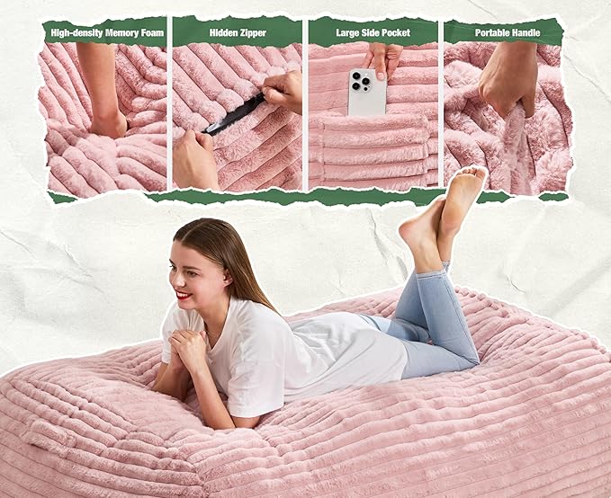 Hobestluk 5FT Bean Bag Chairs Adult Bean Bag with Portable Handle Comfy Large Bean Bag Lounge Chair with Removable Cover for Living Room Bedroom (Stripe Pink, 5FT)-BubblyBeeBaby