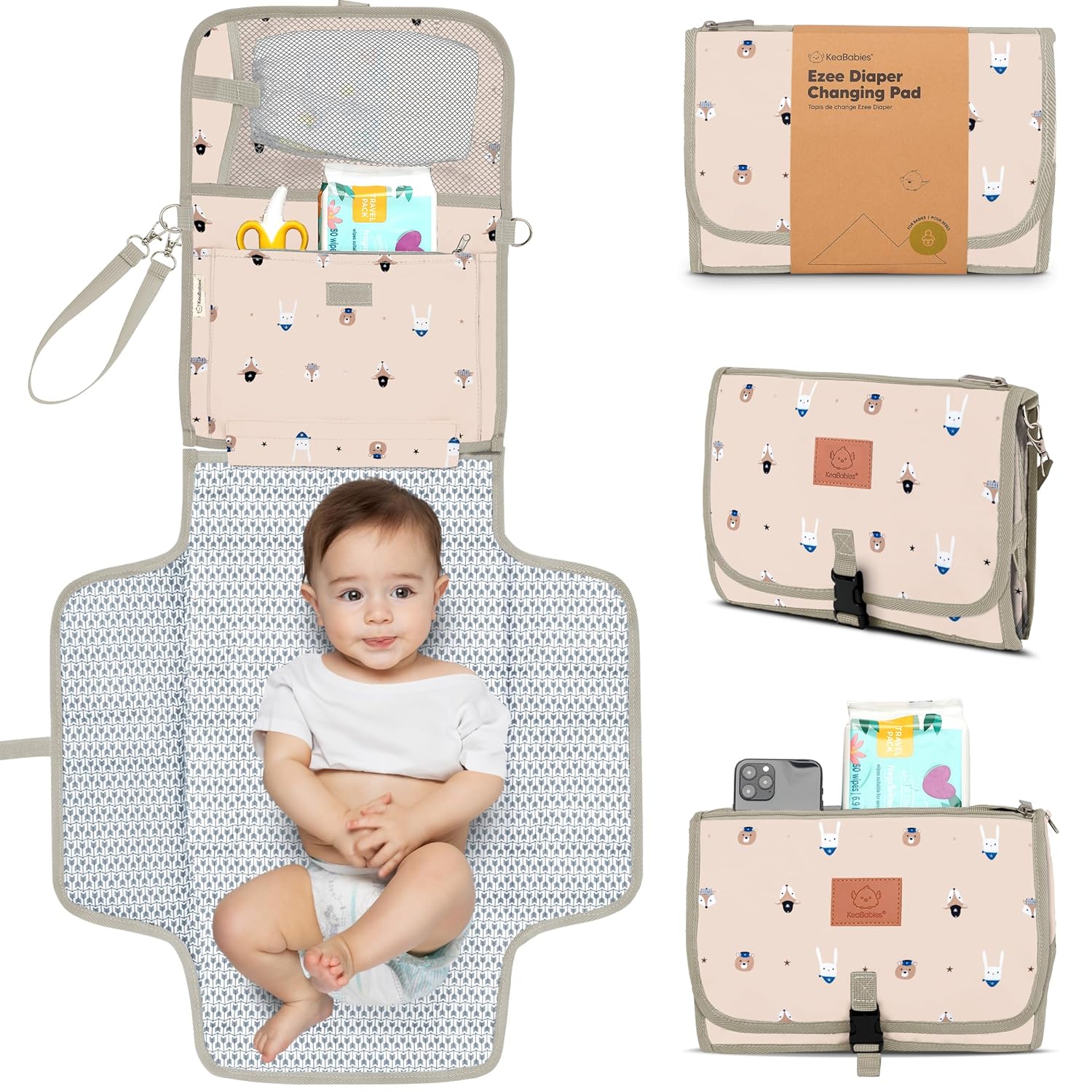 KeaBabies Portable Diaper Changing Pad - Large Waterproof Baby Changing Mat, Compact Travel Diaper Clutch, Functional Pockets Fit Newborn Essentials, Wipeable & Padded Baby Changer (Wild Patrol)