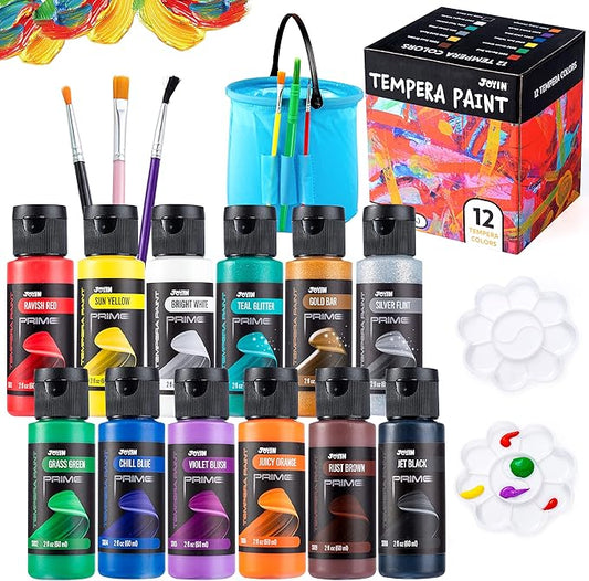 JOYIN 12PCS Washable Kids Tempera Paint Set (2 oz Each), 6 Brushes, 2 Palette & 1 Stretchable Washing Bucket, Non-Toxic Kids Liquid Paint for Arts and Crafts Project, Finger Painting, Hobby Painters-BubblyBeeBaby