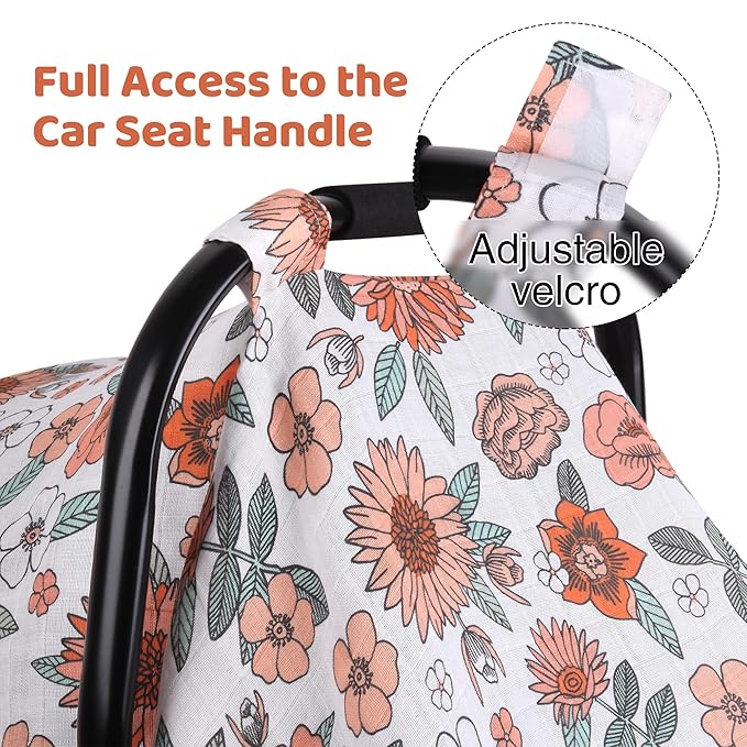 Rquite Car Seat Cover, Muslin Cotton Infant Car Seat Canopy, Breathable Baby Carrier Cover, Summer Stroller Sun Shade, Flower-BubblyBeeBaby