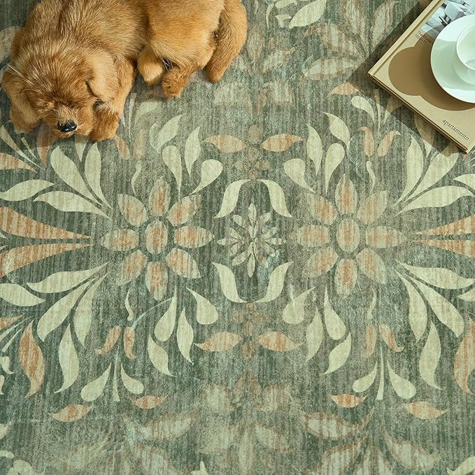 jinchan Vintage Floral Runner Rug 2x6 - Machine Washable Distressed Design Non-Slip Low-Pile Soft Thin Carpet for Hallway Kitchen Farmhouse Bedroom Entryway Laundry Room (2x6ft,Dark Green)-BubblyBeeBaby