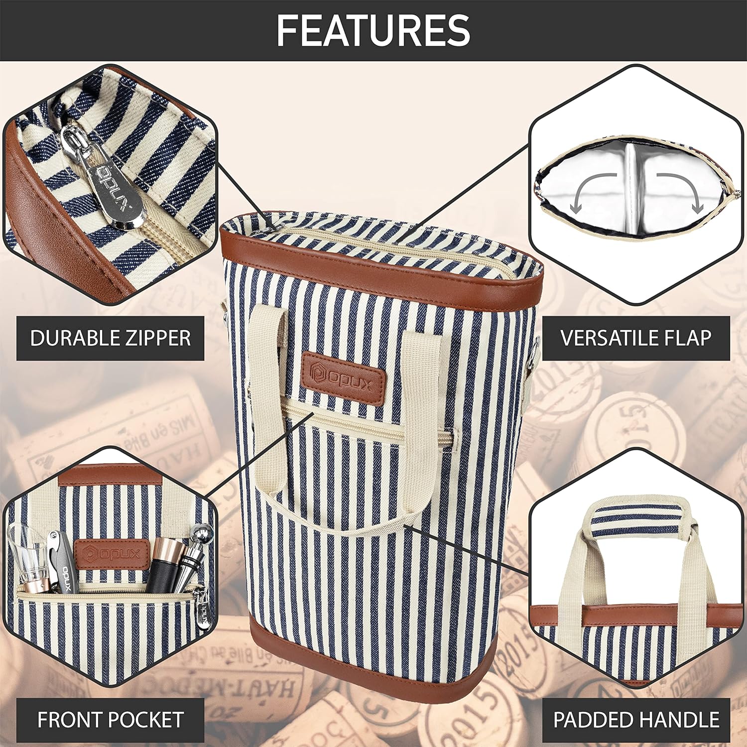 opux Two Bottle Wine Bag Carrier Tote, Insulated Leakproof 2 Bottle Wine Cooler Bag for Travel BYOB Picnic, Portable Wine Case, Gift for Men Women Wine Lover Birthday Party Christmas, Navy Stripes