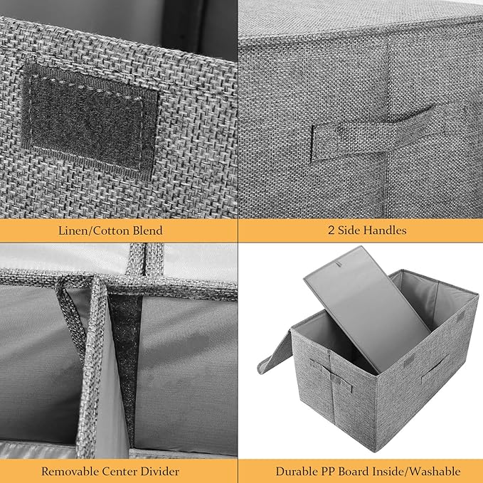 2 Pack Large Storage Boxes with Lids and Handles, Collapsible Linen Storage Bins Organizer Containers Baskets Cube with Removable Divider for Home Bedroom Closet Office (Coffee, Large)-BubblyBeeBaby
