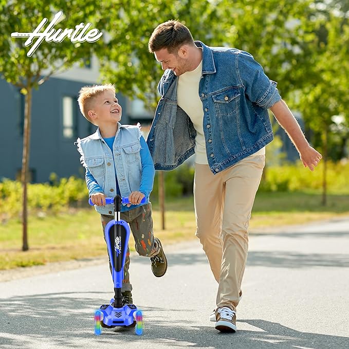 Hurtle 3-Wheeled Scooter for Kids - Wheel LED Lights, Adjustable Lean-to-Steer Handlebar, and Foldable Seat - Sit or Stand Ride with Brake for Boys and Girls Ages 1-14 Years Old-BubblyBeeBaby