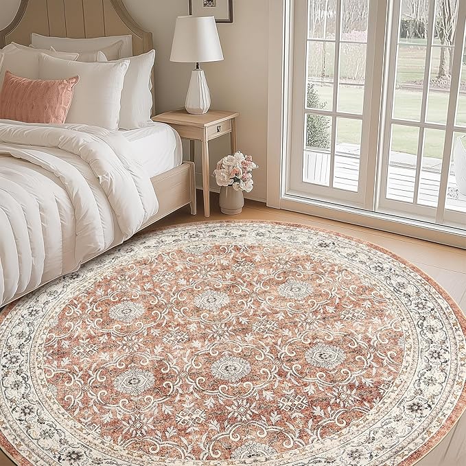 jinchan Round Rug 7ft Washable Circle Soft Rug - Low Pile Vintage 7'Round Indoor Orange Floral Print Stain Resistant Boho Carpet Ultra-Thin Non-Slip for Living Room Bedroom Dining Room Kitchen-BubblyBeeBaby