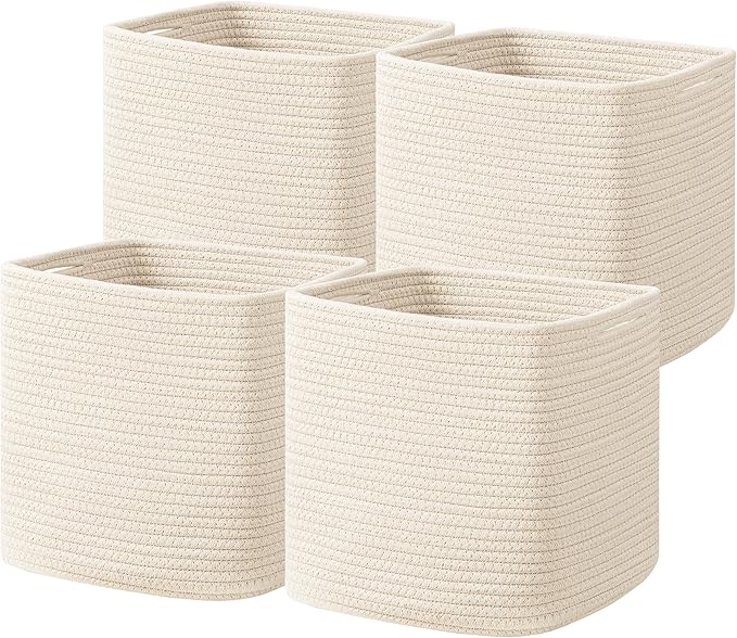 joybest Cube Storage Bins Set of 4, 11inch Cube Baskets Organizer for Nursery, Square Cotton Rope Baskets for Shelves Organizing, Kids Toy, Closet Storage, Beige-BubblyBeeBaby