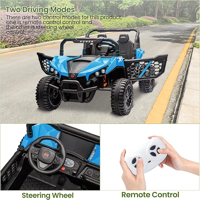24V 2 Seater Ride On Car Truck, Power Wheels Kids UTV w/Parent Remote Control, 3.1 MPH Max Speed, Music Player, LED Lights & Storage, Electric Vehicle Ride On Toy for Kids Toddler Ages 3-8, Blue-BubblyBeeBaby