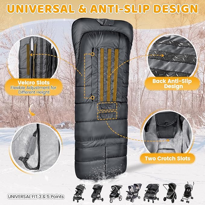 Orzbow Universal Stroller Bunting Bag with Extra Footmuff for Toddler, Kids, Warm Waterproof Stroller Blanket, Winter Cover, Baby Bunting Bag - Protect Babies from Cold Winds, Dark Grey-BubblyBeeBaby