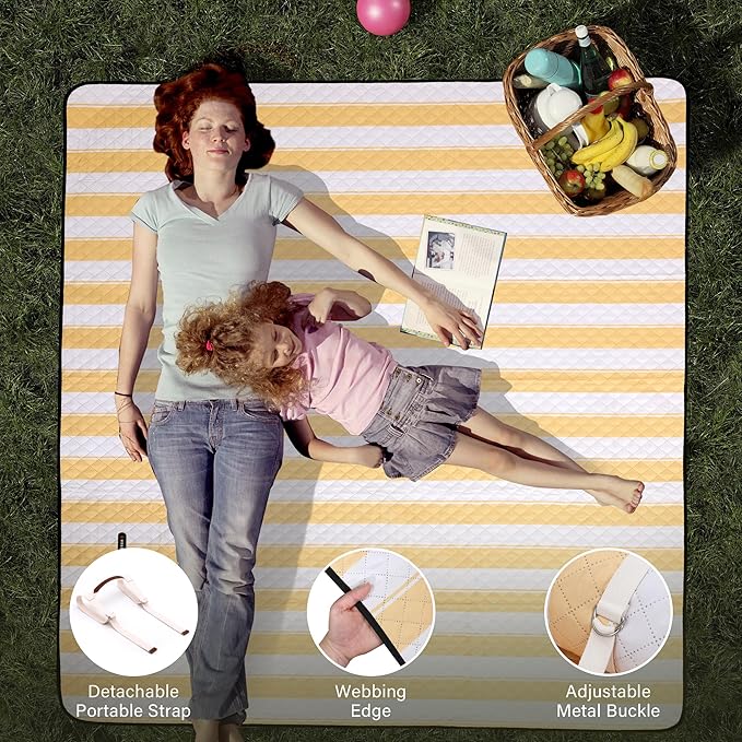 HX&OD Extra Large Picnic Outdoor Blanket, 80”x80” Waterproof Picnic Mat Foldable Camping Blanket Portable with Carry Strap for Beach Mat Outdoor Camping Party(Yellow)-BubblyBeeBaby