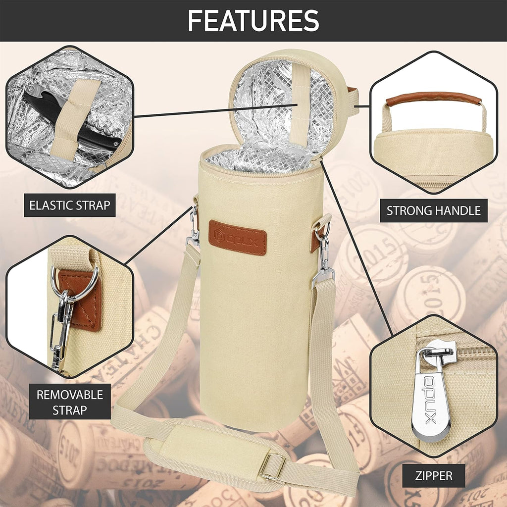 opux Wine Bag Single Bottle Carrier Tote, Insulated Wine Cooler Bag for Travel Picnic Beach with Shoulder Strap, Thermal One Bottle Holder Carrying Case Wine Gift for Women Men, Beige Cream