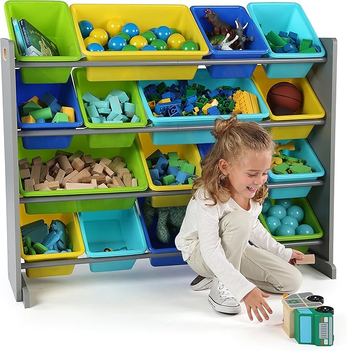 Humble Crew Supersized Toy Storage Organizer with 16 Removable Bins, Grey/Blue/Green/Yellow – Large Toy Storage for Toddlers Ideal for Kids' Rooms, Playrooms, and Nurseries - Modern Toy Bins for Kids-BubblyBeeBaby