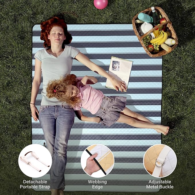 HX&OD Extra Large Picnic Outdoor Blanket, 80”x60” Waterproof Picnic Mat Foldable Camping Blanket Portable with Carry Strap for Beach Mat Outdoor Camping Party(Grey&Green)-BubblyBeeBaby