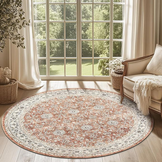 jinchan Round Rug 6ft Washable Circle Soft Rug - Low Pile Vintage 6'Round Indoor Orange Floral Print Stain Resistant Boho Carpet Ultra-Thin Non-Slip for Living Room Nursery Bedroom Dining Room Kitchen-BubblyBeeBaby